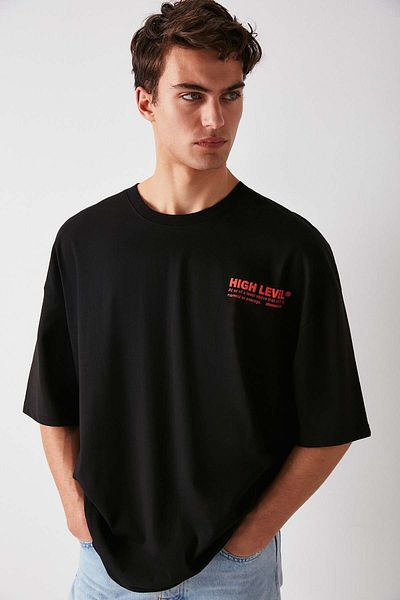 GRIMELANGE Hıgh Men's Oversize Fit 100% Cotton Thick Textured Printed Black T-shirt
