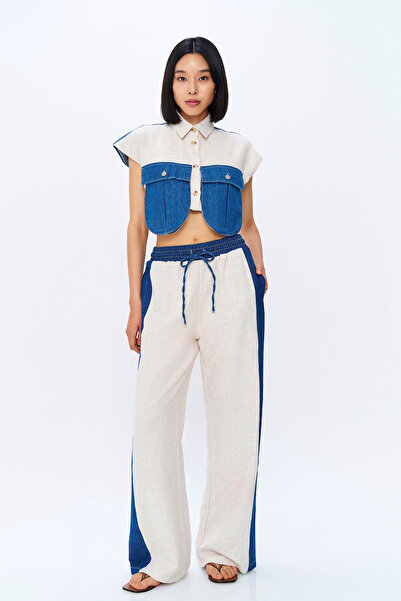 Quzu Φυσικό λινό παντελόνι - ταιριαστή λεπτομέρεια και ελαστική μέση