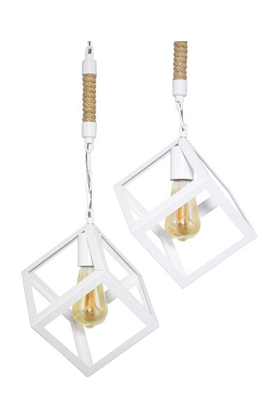 Lambadar Rope Rustic Retro Cube Model Metal White Pendant Lamp Chandelier