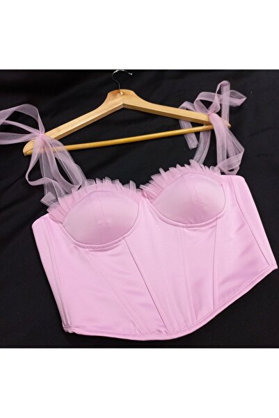 es moda shop Hira tül fırfırlı saten korse şeker pembe