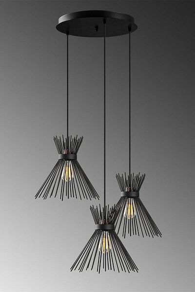 Lambadar Modern Design - Kirpi Model Triple Black Pendant Lamp Chandelier