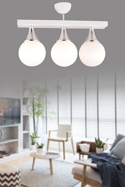 Lambadar Capella Model Beyaz/krom Üçlü Modern Spor Dikdörtgen Glop Beyaz Camlı Avize