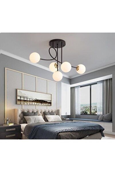 Lambadar Pare Model Modern Spor Siyah 5'lı Glop Beyaz Camlı Avize