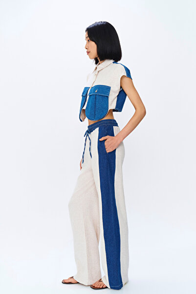 Quzu Φυσικό λινό παντελόνι - ταιριαστή λεπτομέρεια και ελαστική μέση