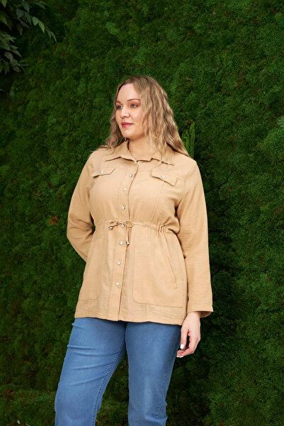 RMG Linen Large Size Jacket - Waist Lace Detailed