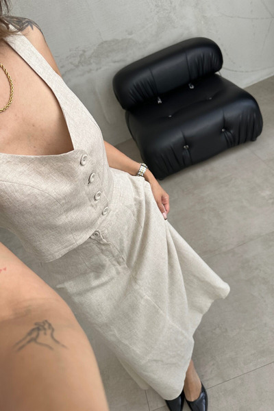 My Blog 100% pamut vászonkészlet - kőgombos mellény és szoknya