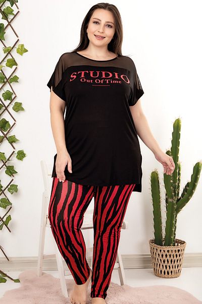 Jenny Daphne Σετ πιτζάμες βισκόζης Plus Size - Λεπτομέρεια δαντέλας, γιακάς, κοντό μανίκι, μακρύ 10957