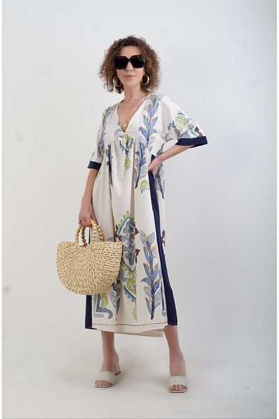Zelish My Sister Linen Blended Navy Blue Dress - Panel Pattern