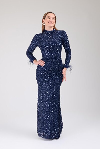 SpringStore Lacivert Kol Ucu Tüylü Payetli Tesettür Abiye Elbise