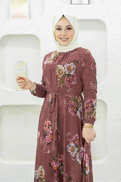 Mec Fashion Dried Rose Flower Patterned Hijab Dress