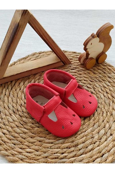 MİNİBİRİ Cozy Model Red Color Genuine Leather Baby Moccasin Booties First Step Shoes