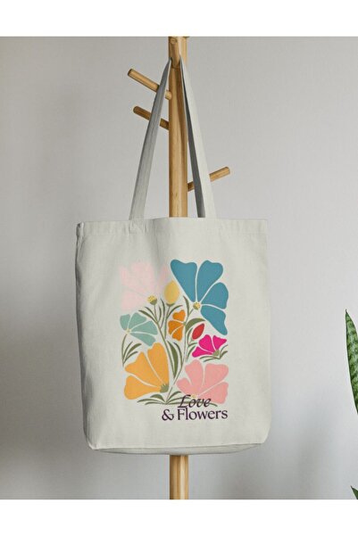 redame Love and Flower Patterned Cloth Tote Bag