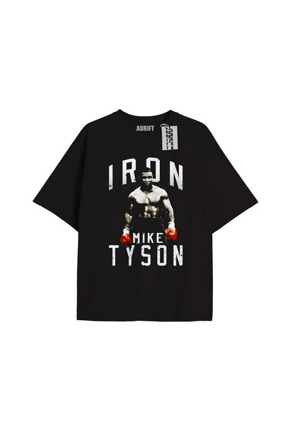 Adrift Kod Press Унисекс черна тениска с желязната маска на Майк Тайсън 158150tt