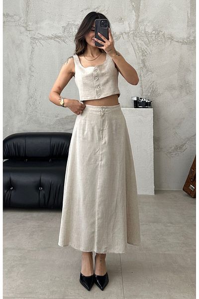 My Blog 100% Cotton Linen Set - Stone Buttoned Vest and Skirt