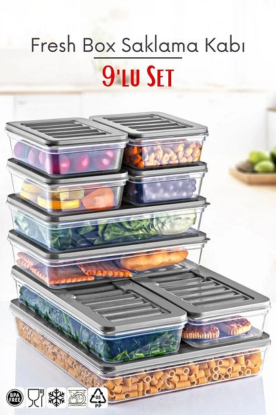 Open Home Concept Set of 9 Freshbox - Gray Storage Container Suitable for Microwave and Diffraction