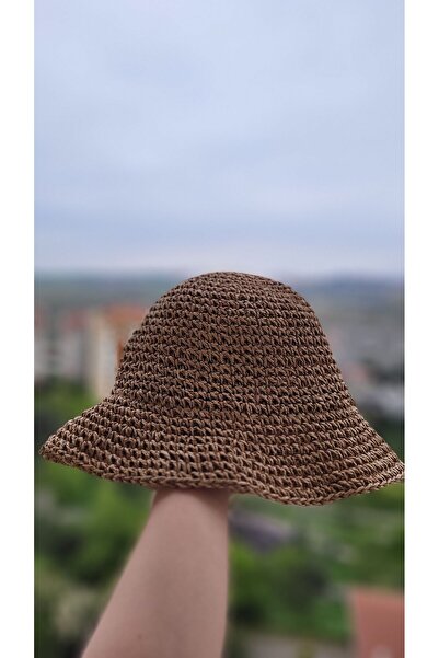 FRESCO SCARFS Γυναικείο πλεκτό ψάθινο καπέλο σε χρώμα καμηλό