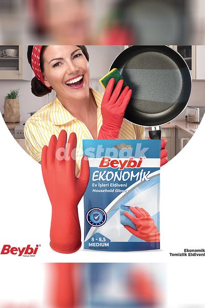 Destpak 4 Pairs of Beybi Cleaning and Dish Gloves - Anti-Sweat Cotton Coated (8-8.5 MEDIUM)