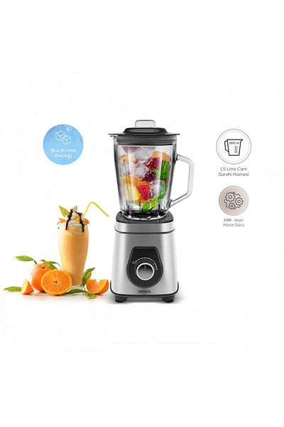 Karaca 1200W Inox Smoothie Blender - 6-Piece Steel Blade, Ice Crushing Function and Glass Jug