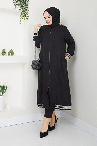 Tesettür Diyarı تونيك صوفيا كتان - سحاب، رقبة دائرية، أسود (طول التونة: 122 سم)