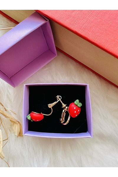 1PARÇAMAVİ Children's earrings with strawberry screw compression clip - non-perforated ear earrings