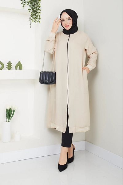Tesettür Diyarı Sofia Beige Tunic - Linen Fabric, Zippered, Round Neck (Height: 122cm)