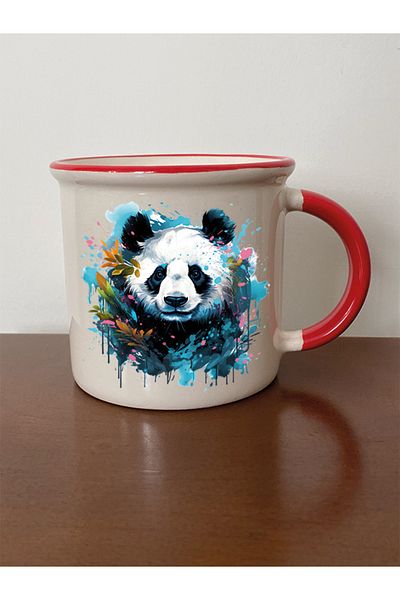 lili hediyelik Red Modern Cup with Panda and Spout - Gift for Lover, Ceramic Tea and Coffee Cup