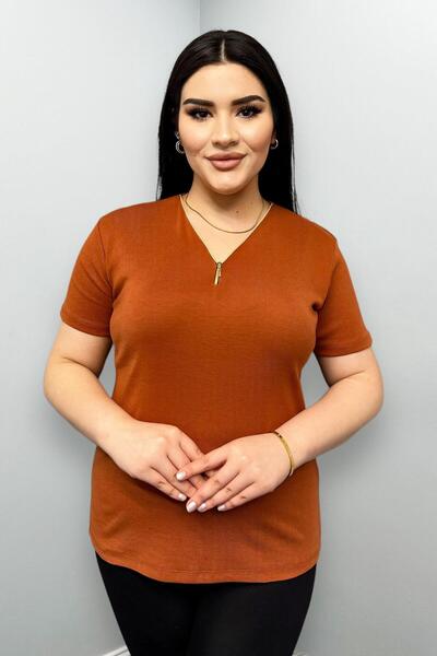 Siyezen Plus Size Zip Short Sleeve Cotton Blouse