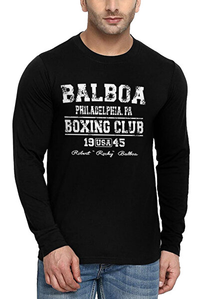 ROCKANDROLL Rocky Balboa Club Siyah Bisiklet Yaka Uzun Kollu Penye Erkek T-shirt
