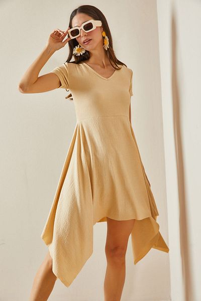 XHAN Asymmetrical V-Neck Beige Midi Knitted Dress - 5YXK6-48529-25