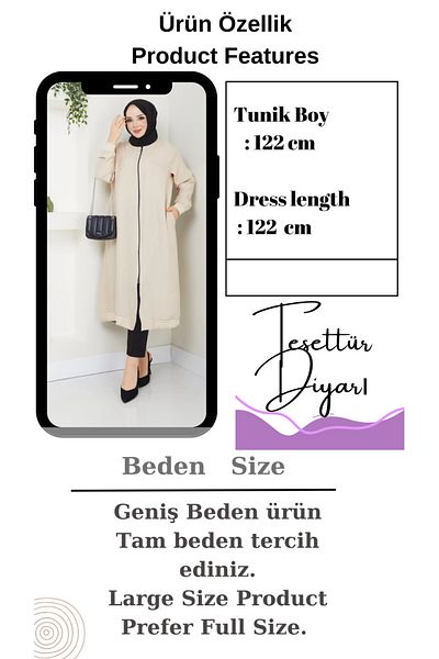 Tesettür Diyarı Sofia Beige Tunic - Linen Fabric, Zippered, Round Neck (Height: 122cm)