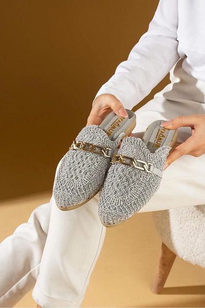 NOVİNS Summer Women's Slippers - Straw Embroidered, Chain Detailed, Light Sole Stylish Dowry Bundle