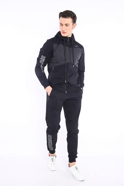 NEED LİFE Men's Black Slim Fit Fit Hooded Printed Woven Detailed Tracksuit Set