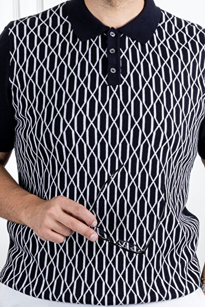 Sarar Синій поло з коміром 100% бавовна з візерунком Тонкий трикотажний футболка