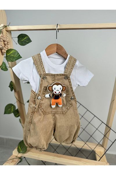 Minizade Monkey Toy and Denim Salopet Double Set for Baby