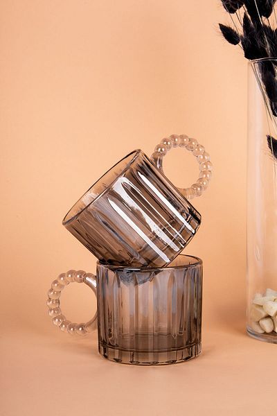 MODA OZY 6 Pieces Smoked Glass Colored - Beaded Handled Cup Kupu Tea Coffee Soft Drink Set