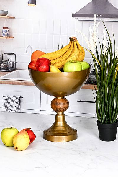 DEDE Antique Metal Fruit Bowl - Wooden Detailed