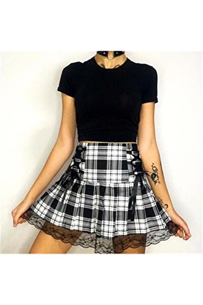 galaxy boutique Anime Harajuku Street Dantel Detaylı Siyah Beyaz Ekose Pileli...