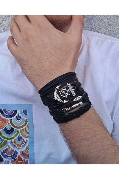 BSN Store Scandinavian Viking Thor Nordich Axe Sailor Anchor Figured Genuine Leather Bracelet 5 Pieces
