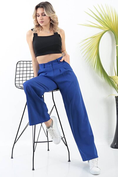 H&A İSTANBUL بنطلون بالازو نسائي عالي الخصر من القماش المطوي