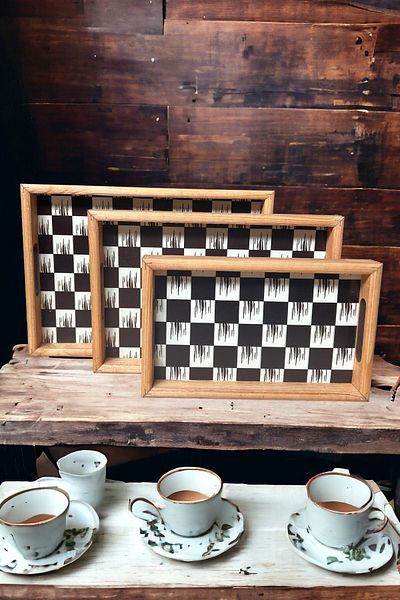 Deseja Wooden Checkered McKenzie 3 Size Serving Presentation Tray Tea Coffee Presentation Tray Tableware Kitchen