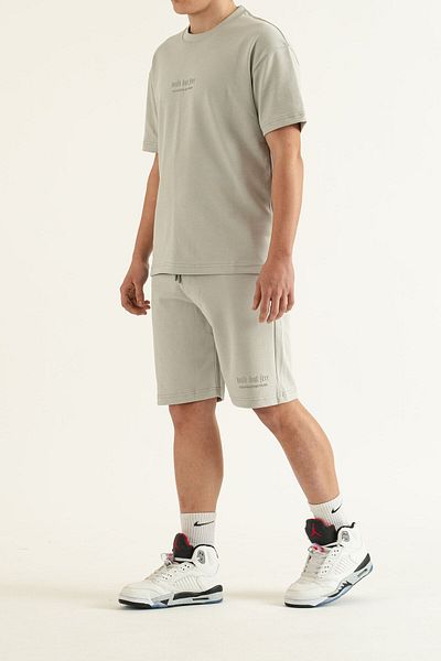 bombe Men's Gray 2-Piece Set Plain Printed Oversize Comfort Relaxed Fit T-Shirt Shorts Set