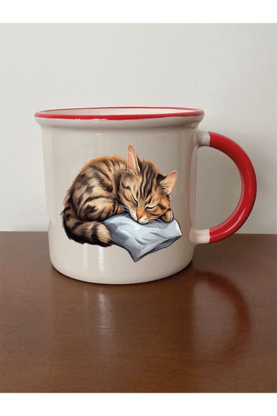lili hediyelik Red Ceramic Tea and Coffee Cup - Mug with Sleeping Cat and Mouth Gift for Lover