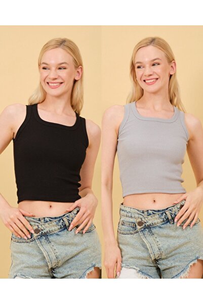 modazoom Straight Collar Women's Crop Blouse - Set of 2 with Straps