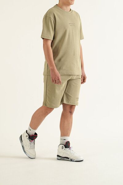 bombe Khaki Men's Oversize Set - Plain Printed T-Shirt and Shorts Set