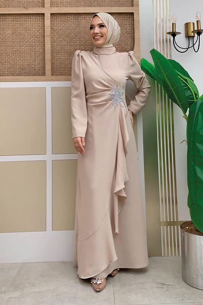 Bym Fashion Πέτρα Κεντητό βολάν Look Μέση Φόρεμα - Πέτρα