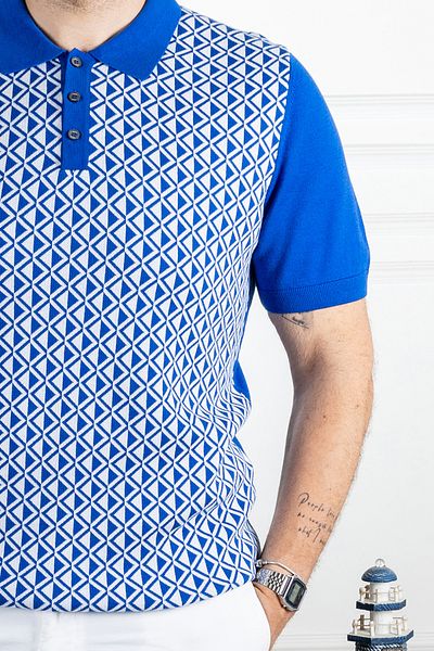 Sarar Saks Blue Polo Neck Slim Knit T-Shirt - 100% βαμβακερό σχέδιο