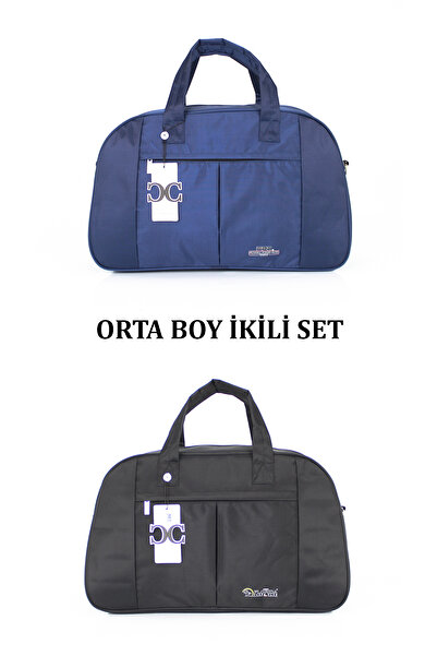 Case Club 2 Adet Kabin Boy El Valizi Orta Boy El ve Omuz Çantası Astarlı İç Bölüm Omuz Askılı Siyah Lacivert