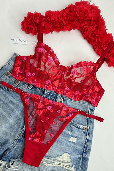 Morensa Red Mini Heart Patterned Underwire Bra and Lingerie Set