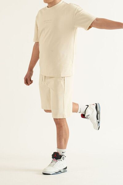 bombe Férfi bézs szett 2 db sima nyomott Oversize Comfort kényelmes szabású póló rövidnadrág szett