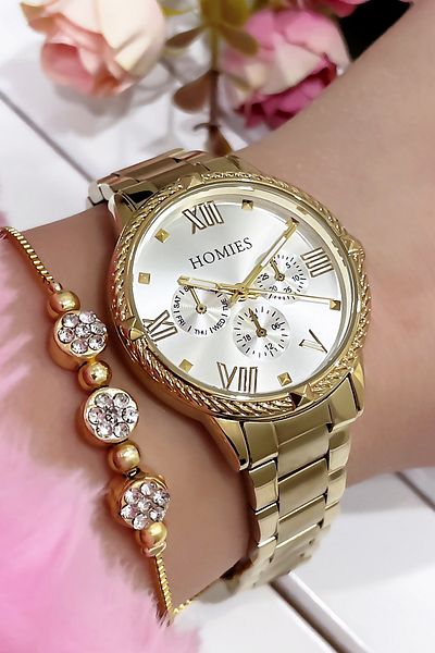 Homies Gold Colored 3 Atm Waterproof Women's Wristwatch - Wlg50 with Steel Cord and Bracelet Gift